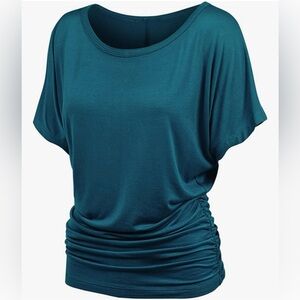 Casual Solid Short Sleeve Boat Neck Dolman Top with Side Shirring -teal